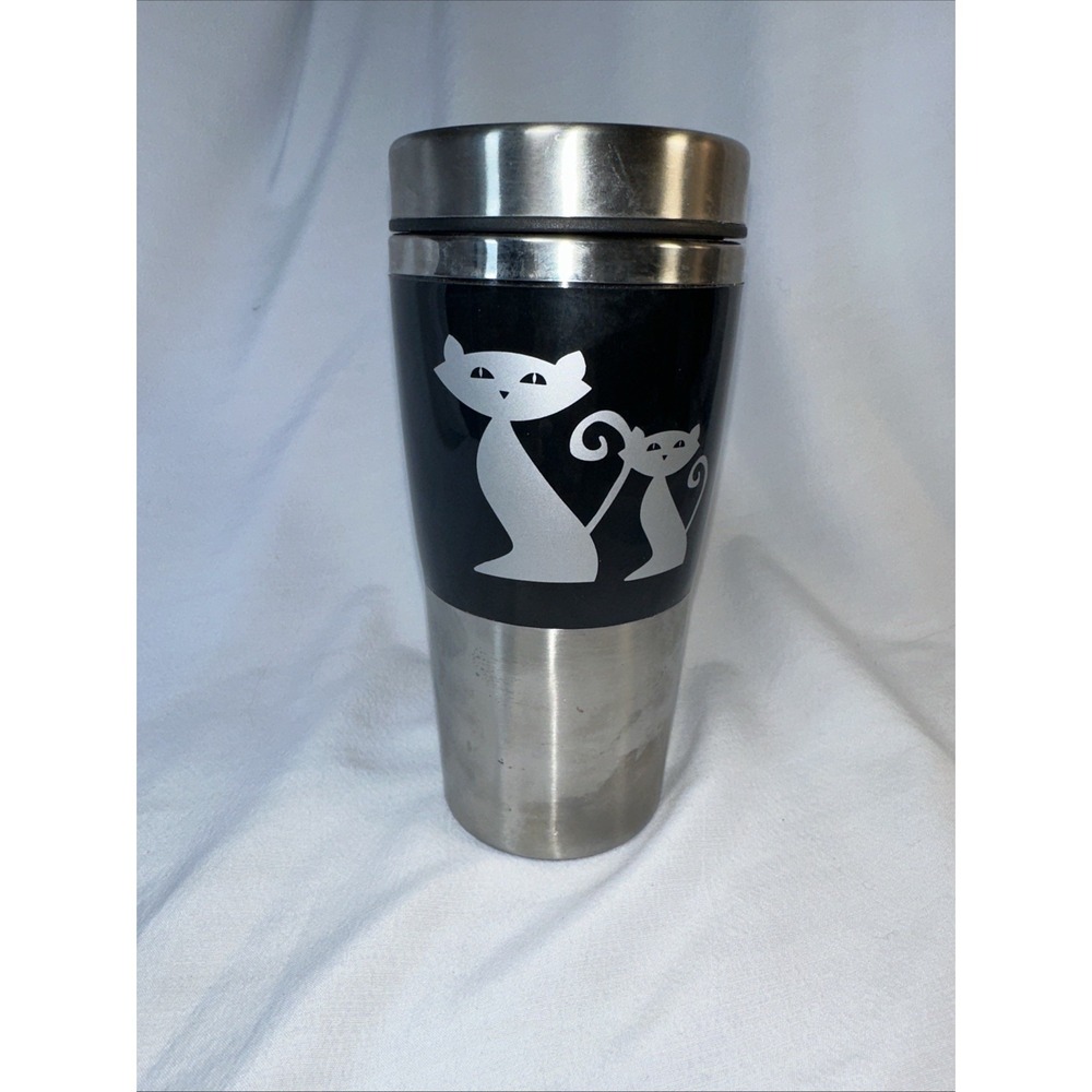 HuesNBrews White Cat & Paw Print Stainless Steel Travel Mug  Coffee Tea 14 oz